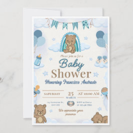 Blå Teddybjörn Baby Boy Bebis Shower Inbjudan