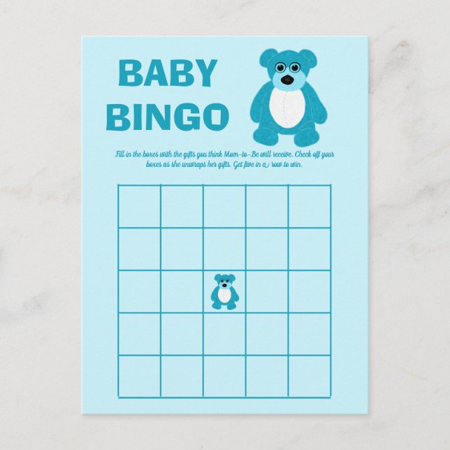 Blå Teddybjörn Baby Shower Bingo Spelkort Meddelande Vykort (Framsida)
