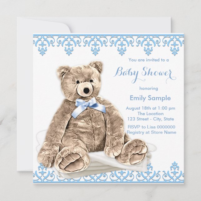Blå Teddybjörn Baby Shower Inbjudningar (Framsida)