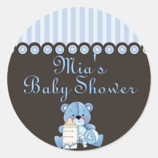 Blå Teddybjörn Baby Shower-klistermärke Runt Klistermärke