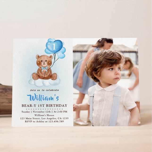 Blå Teddybjörn Ballonger Första Födelsedagsfoto Inbjudningar (Skapare uppladdad)