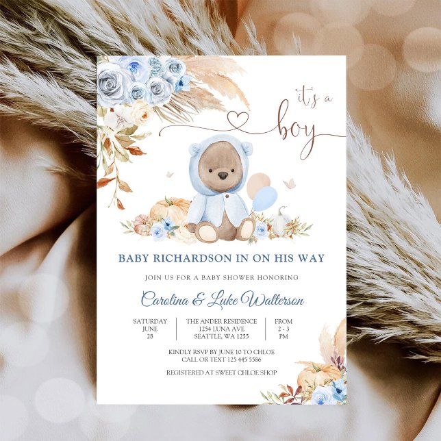 Blå Teddybjörn Bebis-babyshower-inbjudan Inbjudningar (Skapare uppladdad)