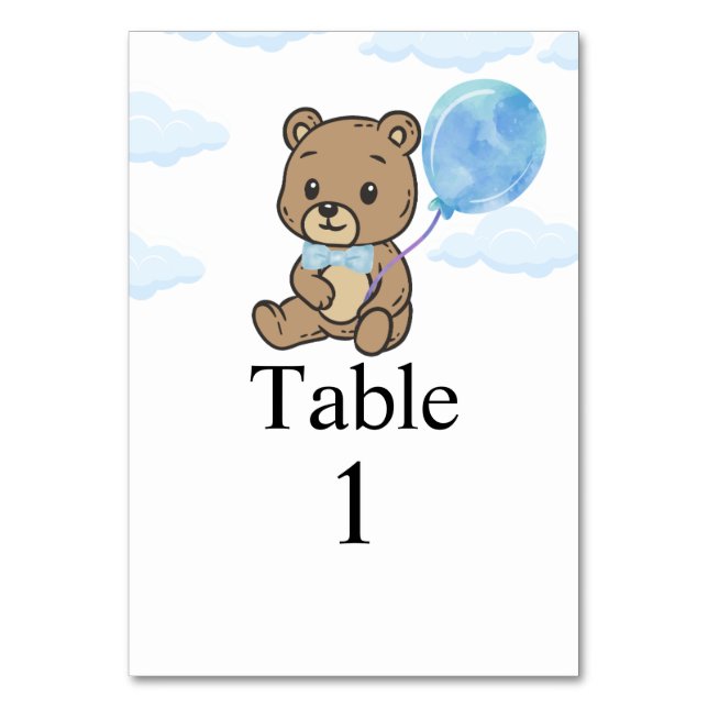 Blå Teddybjörn Bebis Shower  Bordsnummer (Framsidan)