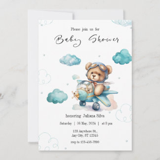Blå Teddybjörn Bebis Shower Inbjudan