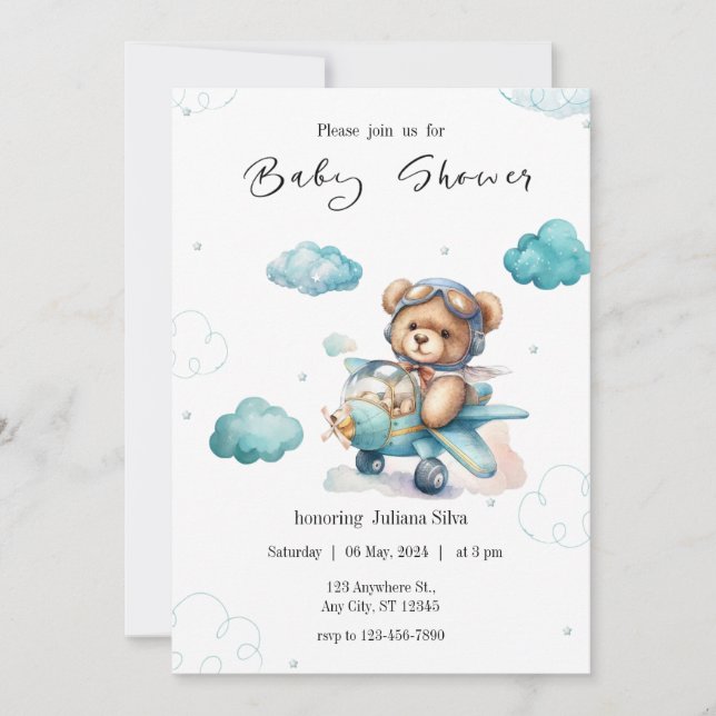 Blå Teddybjörn Bebis Shower Inbjudan (Framsida)