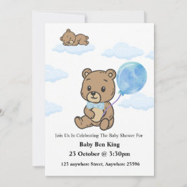 Blå Teddybjörn Bebis Shower Inbjudan