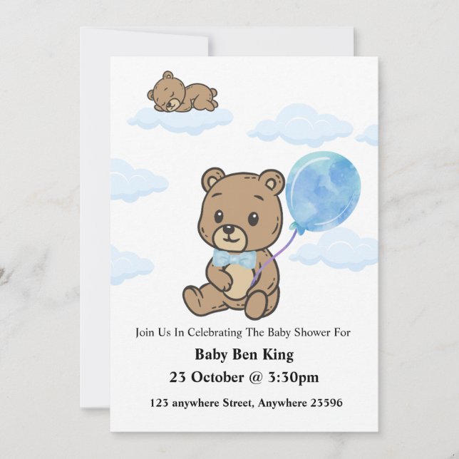 Blå Teddybjörn Bebis Shower Inbjudan  (Framsida)