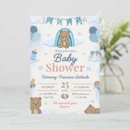 Blå teddybjörn bebishower-inbjudningar. inbjudningar