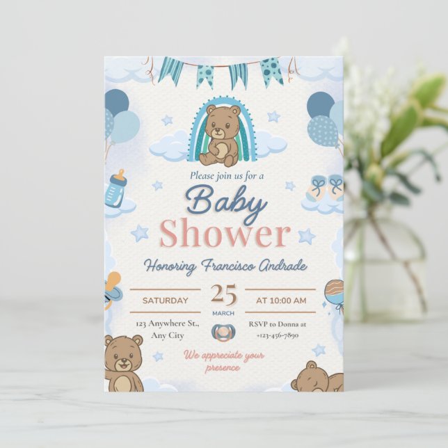 Blå teddybjörn bebishower-inbjudningar. inbjudningar (Stående Fram)