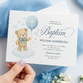 Blå Teddybjörn Dopinbjudan för Pojke Kors Inbjudningar