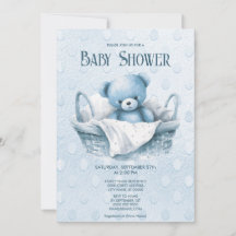 Blå Teddybjörn i Korg Baby Shower Inbjudan