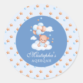 Blå Teddybjörn Islamsk Aqeeqah Baby Pojke Klassisk Runt Klistermärke