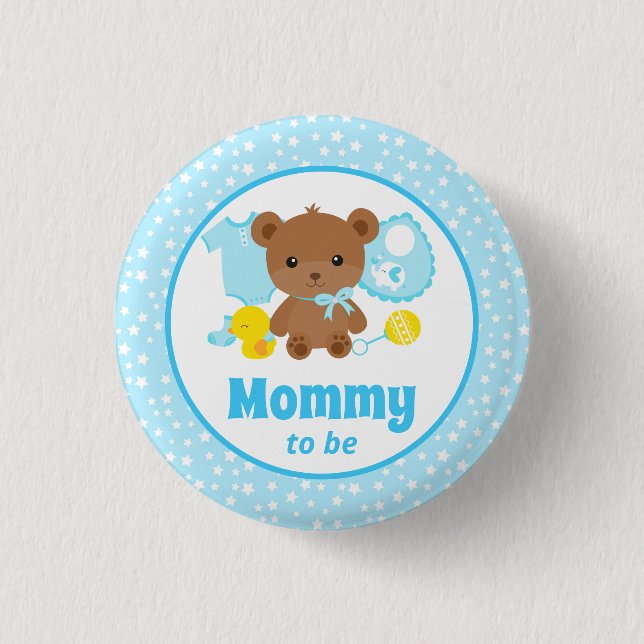 Blå Teddybjörn Kläder Baby Shower Blivande Mamma Knapp (Framsida)