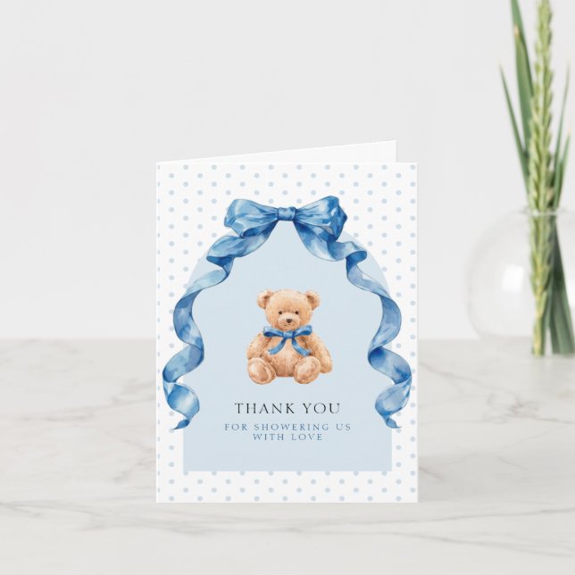 Blå Teddybjörn Klassisk Baby Shower Tack Kort (Framsida)