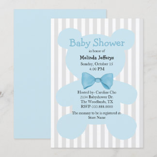 Blå teddybjörn med fluga Baby Shower Inbjudningar