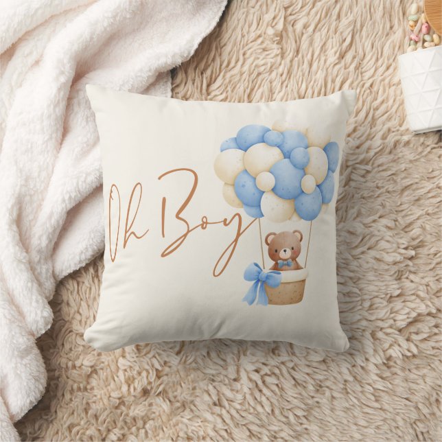 Blå teddybjörn Oh pojke ballong baby shower dekora Kudde (Filt)