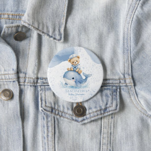 Blå Teddybjörn På Val Pojke Baby Shower Knapp