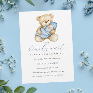 Blå Teddybjörn Pojke Baby Shower Inbjudan