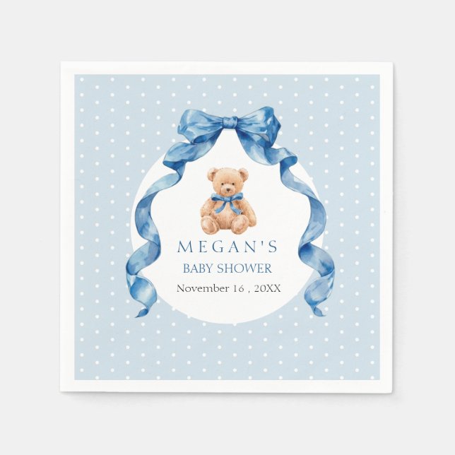Blå Teddybjörn Pojke Babyshower  Pappersservett (Framsidan)