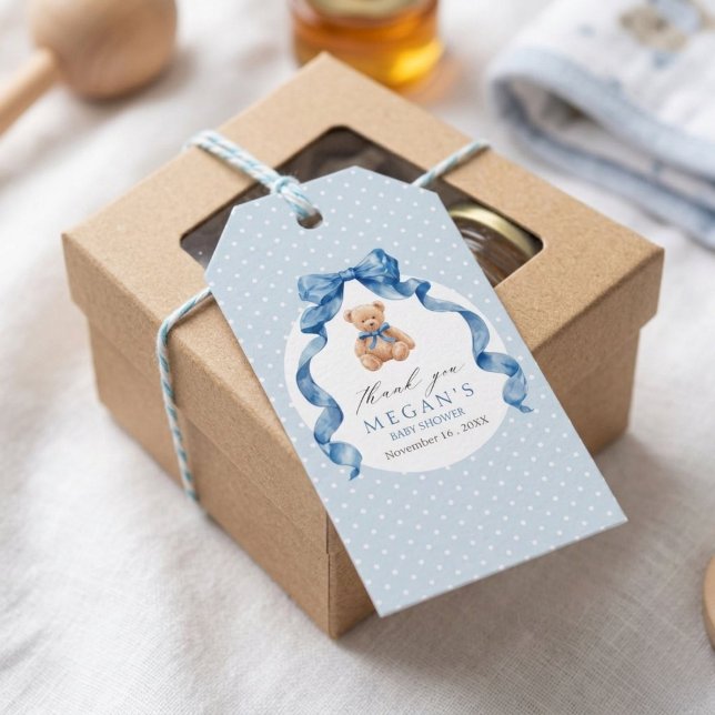 Blå Teddybjörn Pojke Babyshower  Presentetikett (Skapare uppladdad)