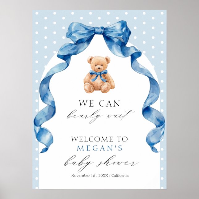 Blå Teddybjörn Pojke Babyshower Välkomstskylt Poster (Framsidan)