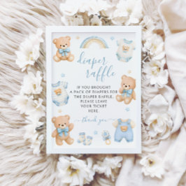 Blå Teddybjörn Pojke Boho Blöja Lotteri Babyfirand Inbjudningar