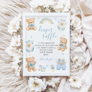 Blå Teddybjörn Pojke Boho Blöja Lotteri Babyfirand Inbjudningar