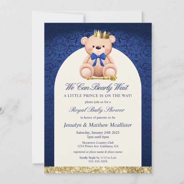 Blå Teddybjörn Prins Baby Shower Inbjudningar (Framsida)