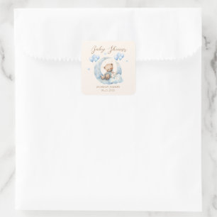 Blå Teddybjörn Stjärnor Baby Shower Fyrkantigt Klistermärke