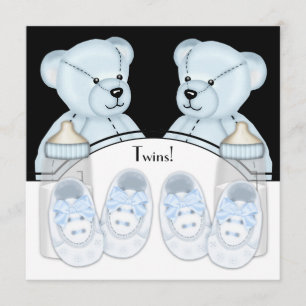 Blå teddybjörn Tvillingpojkar Baby Shower-inbjudni Inbjudningar