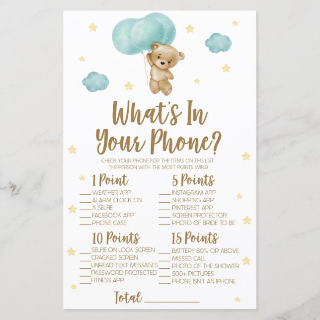 Blå Teddybjörn Vad Finns I Telefonen Baby Shower L (Framsida)