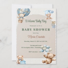 Blå Teddybjörn Varmluftsballong Baby Shower Inbjudningar