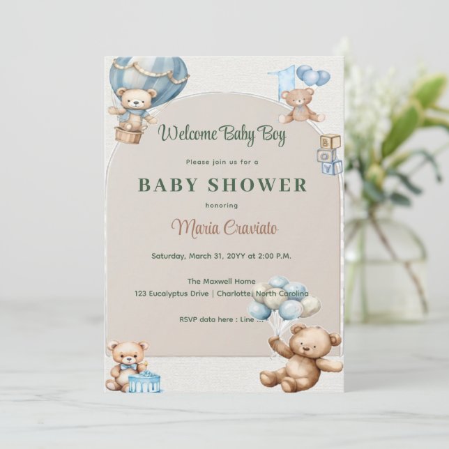 Blå Teddybjörn Varmluftsballong Baby Shower  Inbjudningar (Stående Fram)