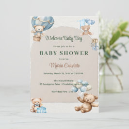 Blå Teddybjörn Varmluftsballong Baby Shower Inbjudningar