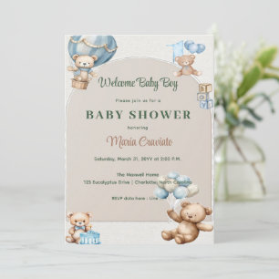 Blå Teddybjörn Varmluftsballong Baby Shower  Inbjudningar