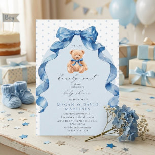 Blå Teddybjörn Vi kan knappt vänta Baby Boy Bebis Inbjudningar