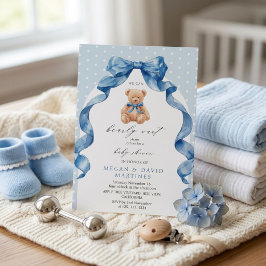 Blå Teddybjörn Vi kan knappt vänta Pojke Babyshowe Inbjudningar