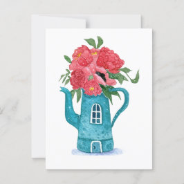 Blå Tekanna House med Red Flowers Postcard Vykort