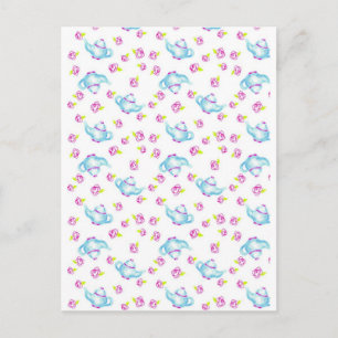 Blå tekanna Rosa Ros Blommande Blomma Illustration Vykort