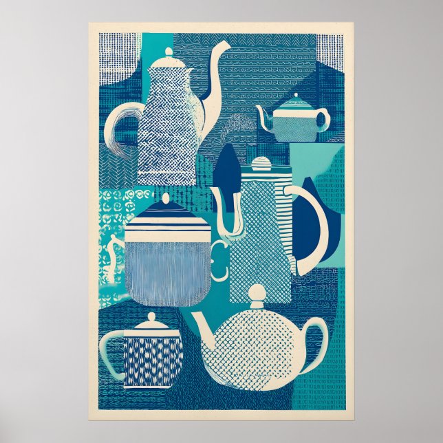 Blå tekannor Giclée tryck Mid-Century Modern (Framsidan)