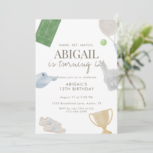 Blå Tennis 12-års Födelsedagsfest för Flickor Athl Inbjudningar (Stående Fram)