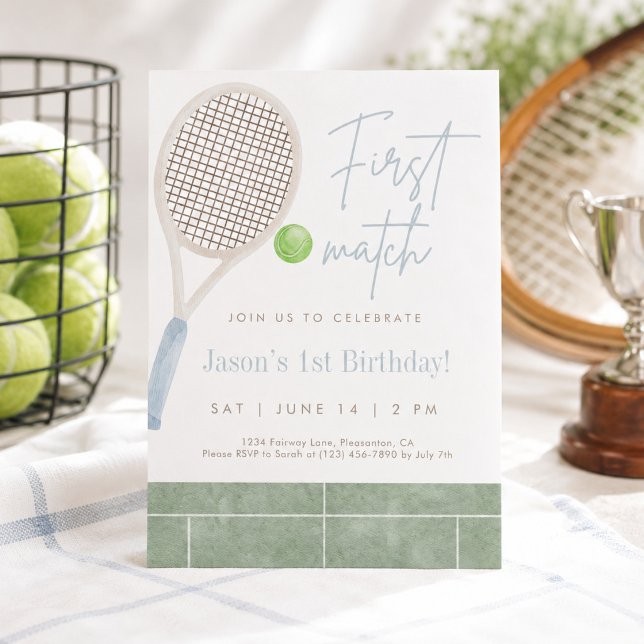 Blå Tennis Första Födelsedagsinbjudan Tack Kort (Skapare uppladdad)