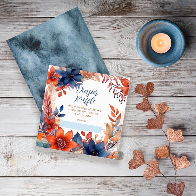 Blå Terracotta Fall Baby Shower Raffle Tilläggskort (Boho Blue and Terracotta Fall |  Autumn Floral "Oh Boy!" Baby Shower Diaper Raffle Insert Card)