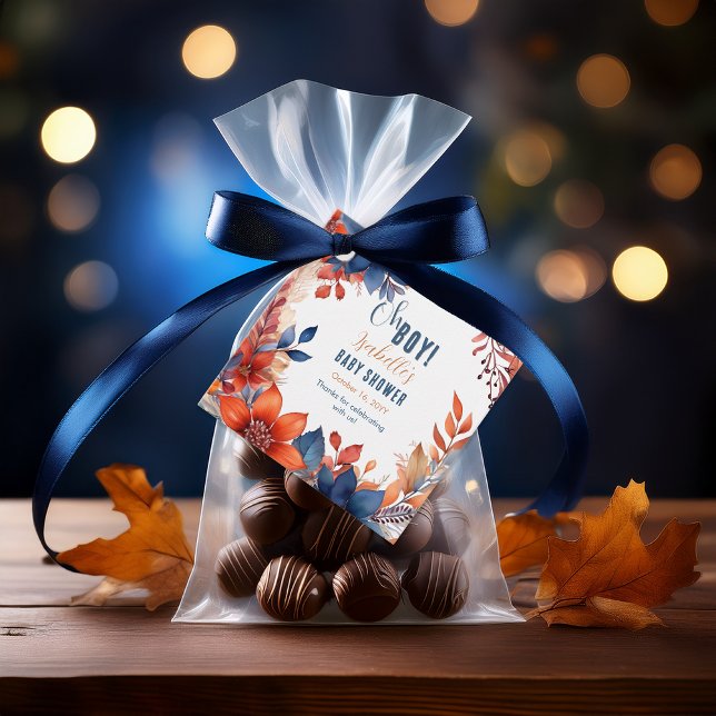 Blå | Terracotta Oh Boy Fall Blommigt Baby Shower Gåvor Etiketter (Boho Blue and Terracotta Fall |  Autumn Floral "Oh Boy!" Baby Shower Square Favor Tags)