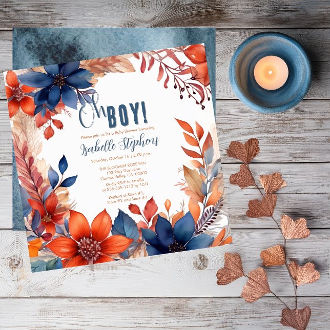 Blå | Terracotta Oh Boy Fall Blommigt Baby Shower Inbjudningar (Boho Blue and Terracotta Fall |  Autumn Floral "Oh Boy!" Baby Shower Square Invitation)
