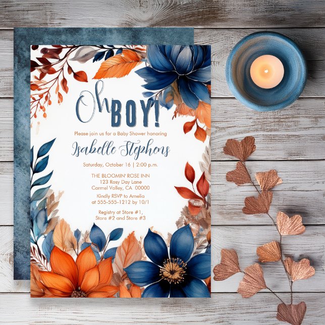 Blå | Terracotta Oh Boy Fall Blommigt Baby Shower Inbjudningar (Boho Blue and Terracotta Fall |  Autumn Floral "Oh Boy!" Baby Shower Invitation - Print | Digital)
