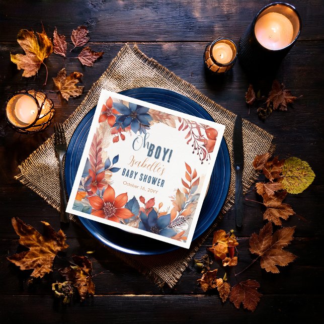 Blå | Terracotta Oh Boy Fall Blommigt Baby Shower Pappersservett (Boho Blue and Terracotta Fall |  Autumn Floral "Oh Boy!" Baby Shower Paper Napkins)