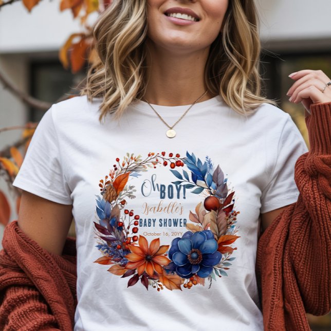 Blå | Terracotta Oh Boy Fall Blommigt Baby Shower T Shirt (Blue Terracotta "Oh Boy" Fall Floral Baby Shower T-shirt)