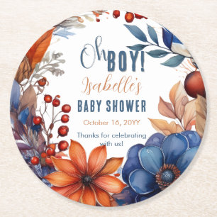 Blå Terracotta Oh Boy Fall Blommigt Baby Shower Underlägg Papper Rund