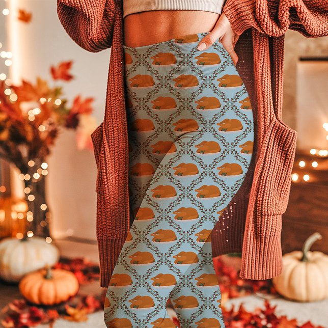 Blå Thanksgiving Kalkon Högtidsmönster Leggings (Skapare uppladdad)